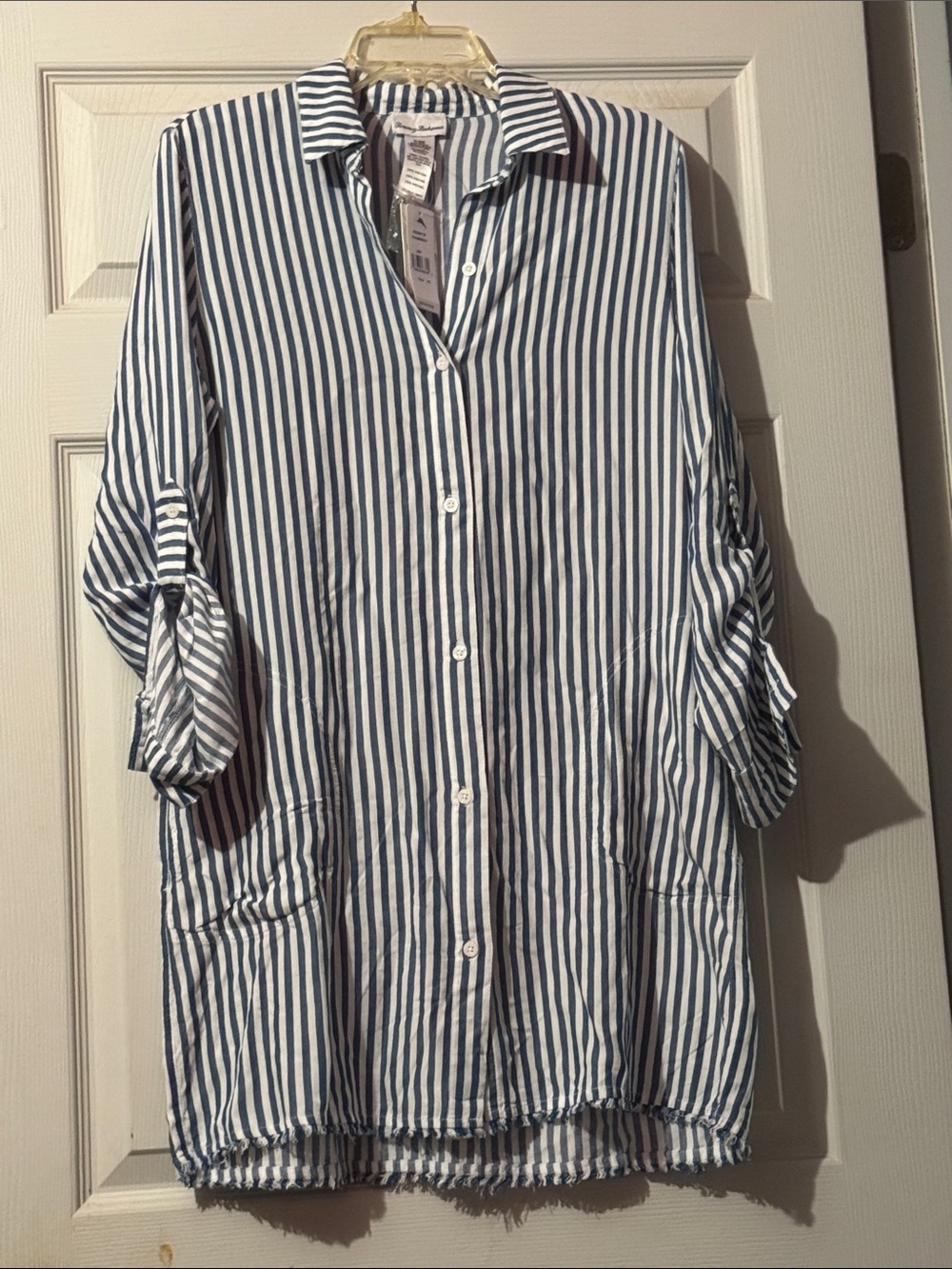 Striped Blue and White Button-Up Shirt - Casual Women’s Shirt